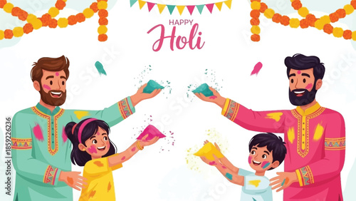 Families joyfully celebrating the vibrant festival of holi by throwing colorful gulal