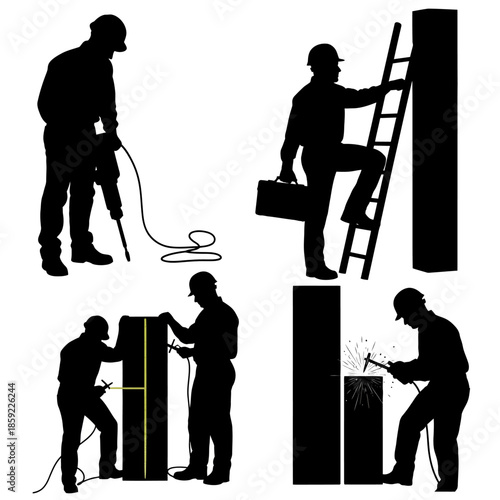 Silhouettes of construction workers performing various tasks on a job site