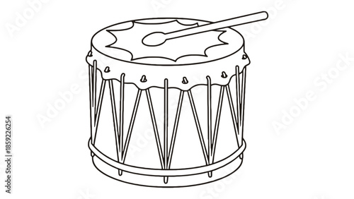 A simple line drawing of a drum with a drumstick resting on top.