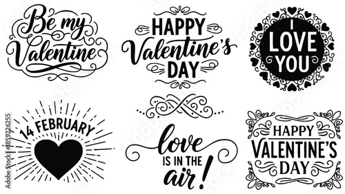 Collection of Valentine's Day themed graphic design elements and text.