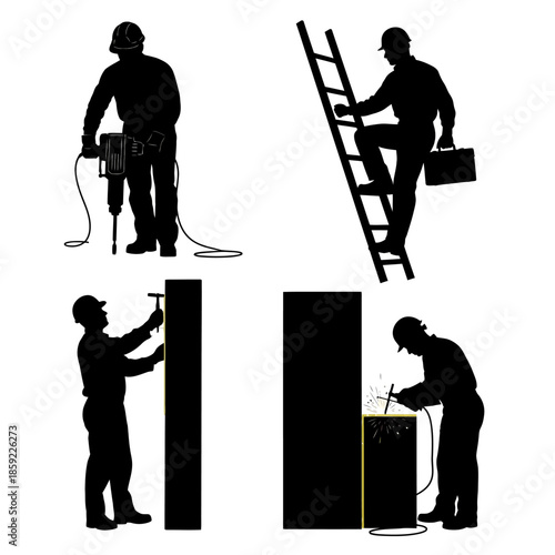 Silhouettes of construction workers performing various tasks on a white background