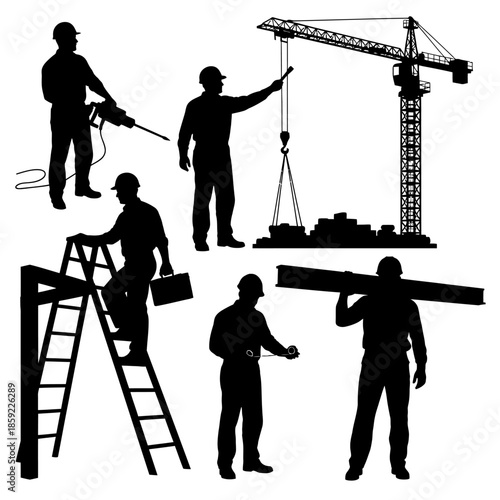 Construction workers silhouetted against a large tower crane and building site