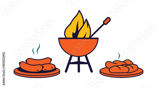 Sausages are grilled on a barbecue with two plates of cooked sausages.