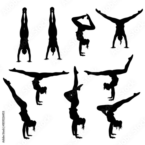 Silhouettes of gymnasts performing various acrobatic and flexible poses