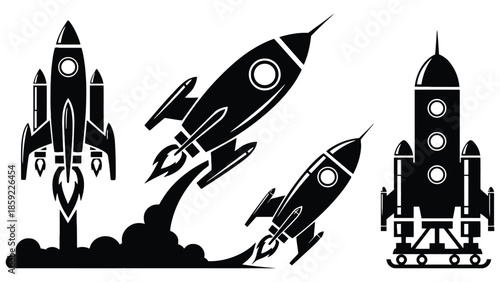 Three stylized rockets launch into space with smoke trails.