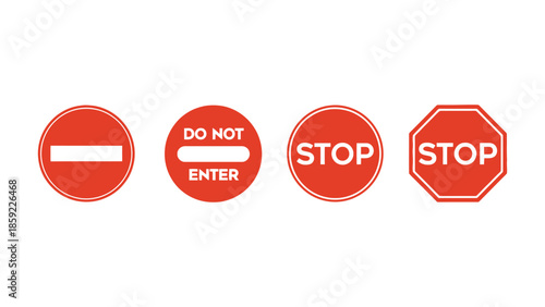A collection of four red traffic signs including stop and do not enter signs.