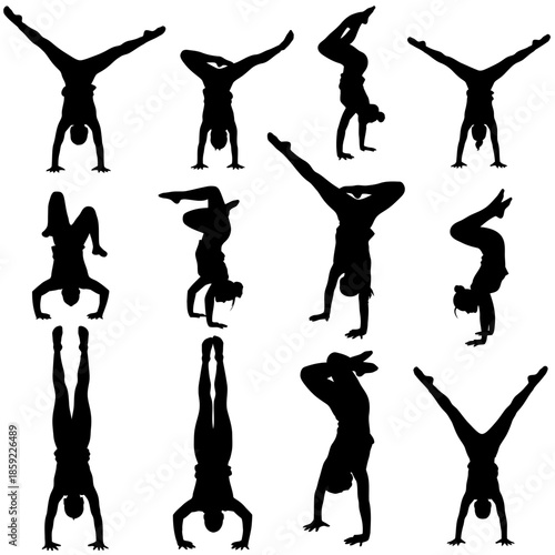 Silhouettes of acrobatic figures performing various gymnastic poses and handstands