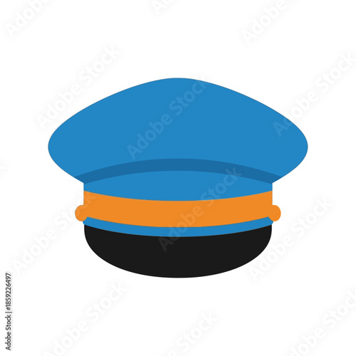 A simple illustration of a blue police officer s cap with an orange band