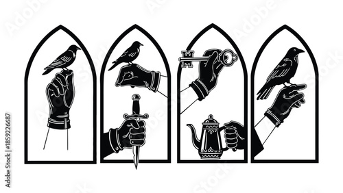 Four gothic arched windows display hands holding symbolic objects and birds.