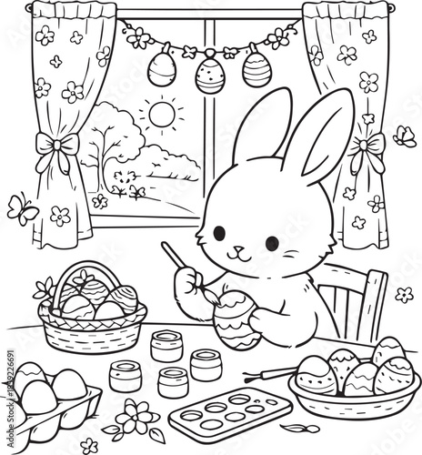 Black and white Easter coloring page with a cute baby bunny painting Easter eggs while sitting at a table. Perfect for kids coloring books, Easter activities, spring crafts and printable designs.