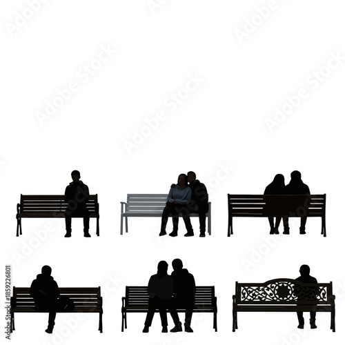 Silhouettes of people sitting on park benches against a white background