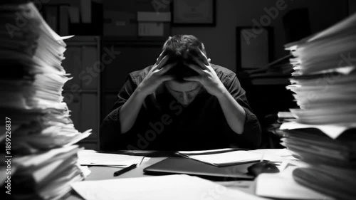 Overwhelmed by paperwork, a stressed employee faces towering stacks in black and white despair