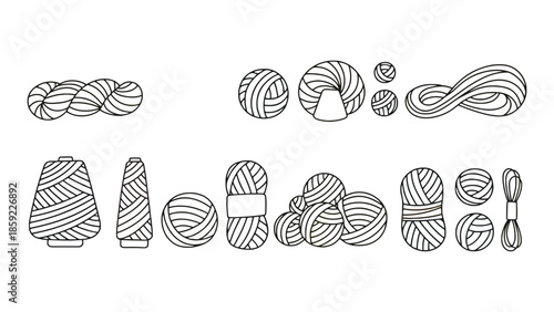 A collection of various yarn balls and spools are depicted in a line drawing.