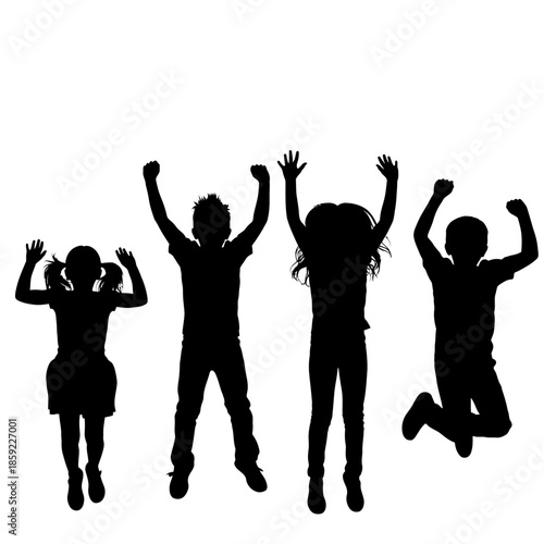 Silhouettes of children jumping and celebrating with arms raised high