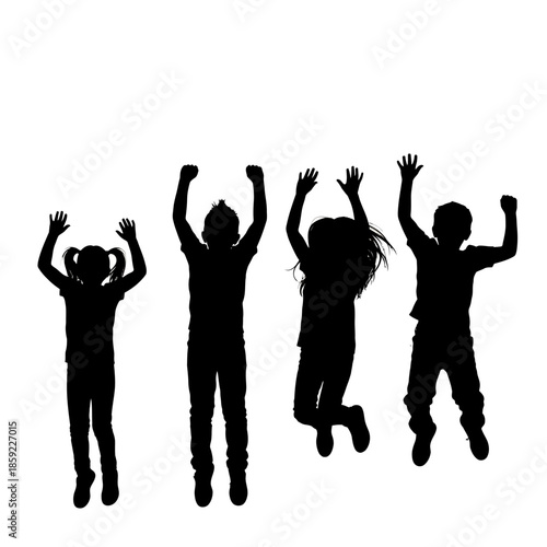 Silhouettes of four children joyfully jumping and raising their arms up high