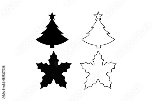 Christmas Symbols Silhouettes: Simple graphic of Christmas tree and star in black and white, capturing the spirit of the holiday season, evoking a sense of festive cheer and winter celebration.