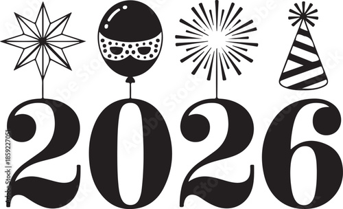 2026 celebration mark silhouette vector illustration icons. happy New Year 2026 silhouette vector illustration cons collection