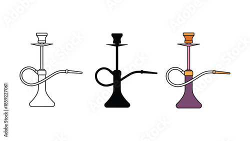 Three stylized illustrations of a hookah pipe in different colors and styles.