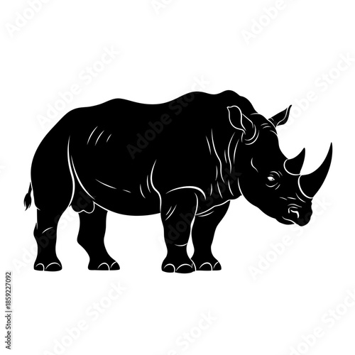 A striking black silhouette of a rhinoceros standing in profile view
