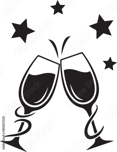 Celebratory toast silhouette design featuring clinking champagne glasses surrounded by festive, sparkling stars artwork vector illustration.