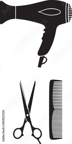 Professional hair styling equipment silhouettes including electric blow dryer, sharp hairdressing scissors, and long fine-toothed comb vector icons set.