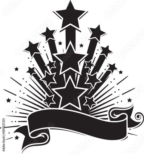 Explosive star burst decorative emblem silhouette design with many stars shooting upward and elegant swirling blank ribbon banner below vector artwork.