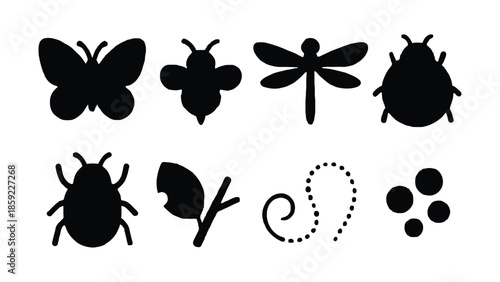 A collection of black silhouette insects and nature elements on a white background.