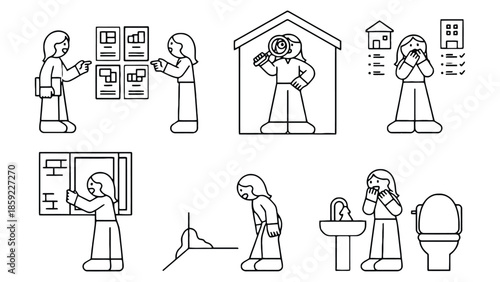 A person is shown in various situations related to housing and living.