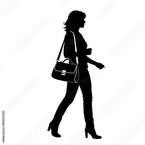 Silhouette of a woman walking with a handbag and wearing heels