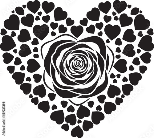 Decorative heart shape silhouette composed of many small hearts surrounding large intricate detailed rose blossom flower bloom center design vector illustration.