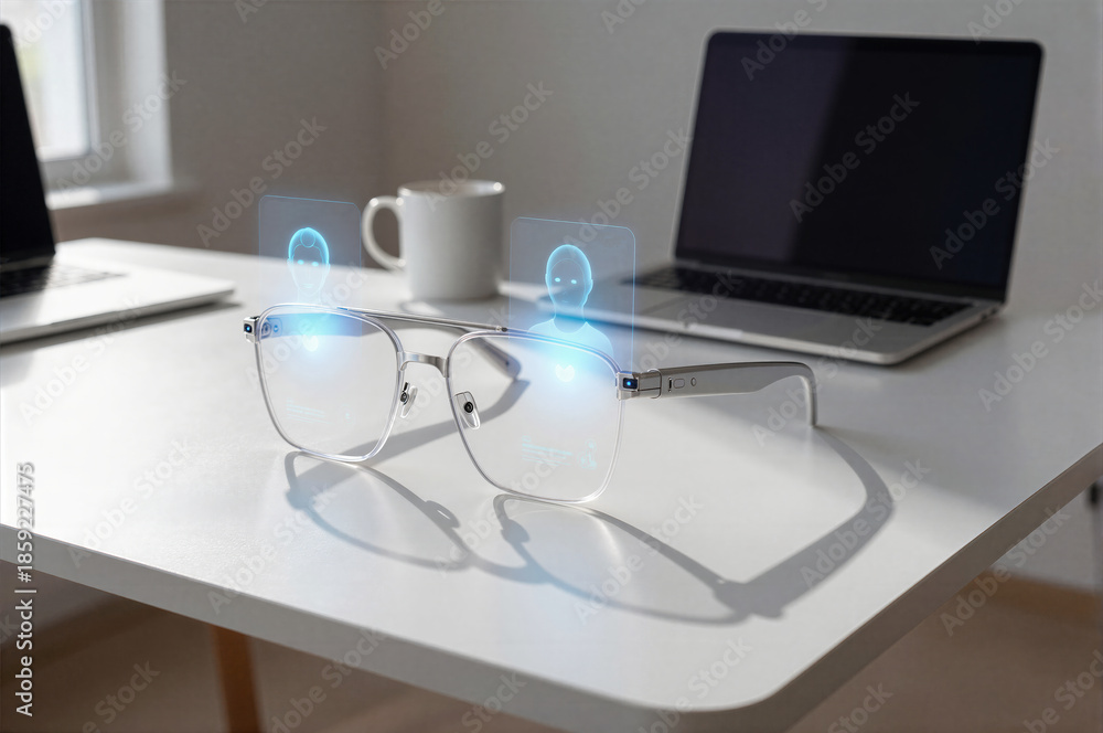 Naklejka premium Modern Smart Glasses Displaying Blue Augmented Reality Interface on Desk