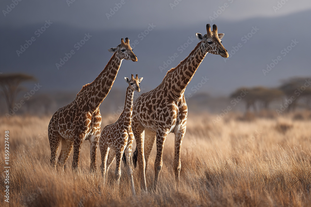 Obraz premium Giraffe family standing in dry grassland with soft light and distant trees in natural habitat, showing calm and majestic wild animal behavior