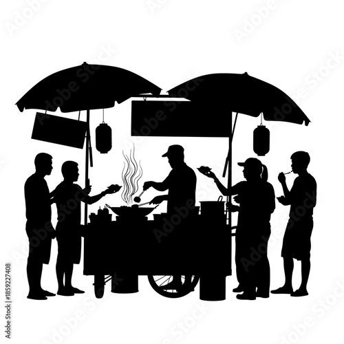 A silhouetted street food stall with customers and a grilling cook