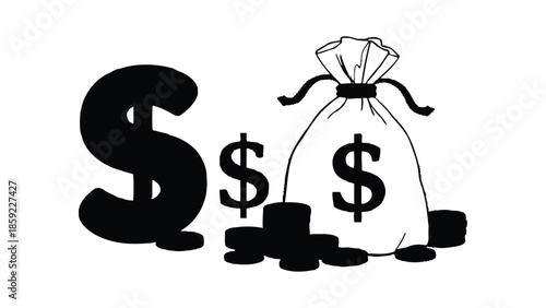 A stylized illustration of a money bag and dollar signs represents wealth and finance.