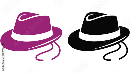 Two fedora hats, one purple and one black, are displayed side by side.