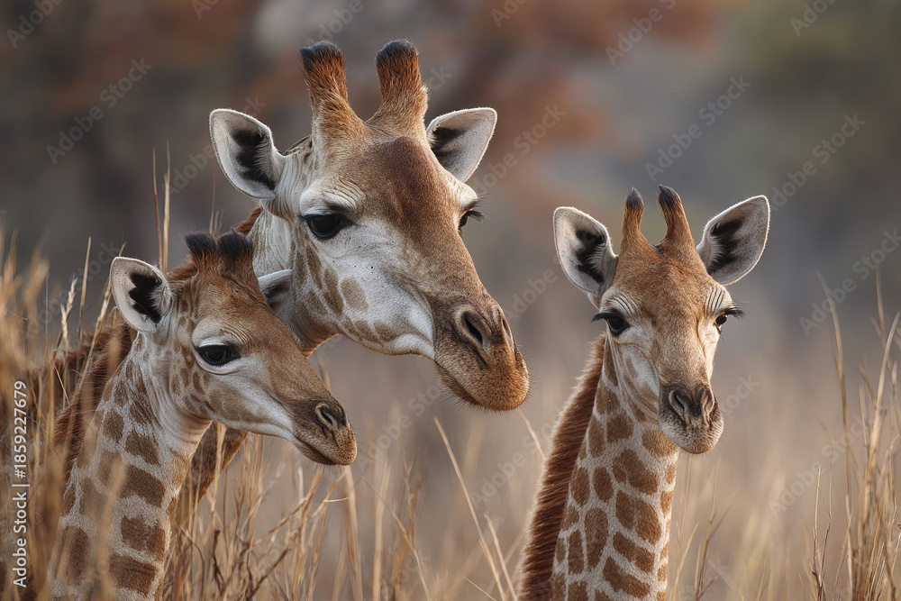 Naklejka premium Giraffe family calm moment in nature with two young giraffes and one adult giraffe standing close together in dry grassland during soft light