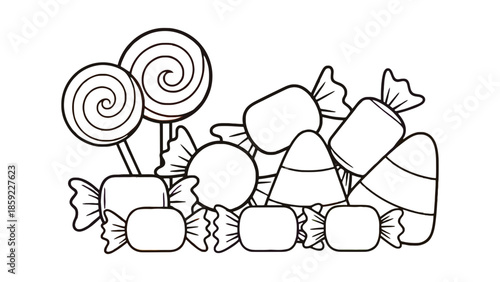 A collection of assorted candies and lollipops is displayed.