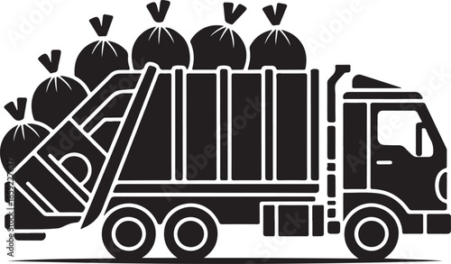 A black silhouette of a garbage truck overflowing with trash bags