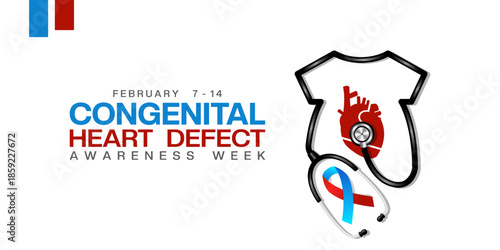 Congenital Heart Defect Awareness Week. Clothes shape stethoscope, heart and ribbon. Great for cards, banners, posters, social media and more. White background.  