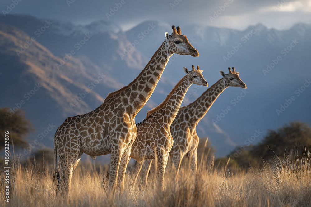 Obraz premium Giraffe family standing in tall dry grass with mountain background during golden hour light, showcasing wildlife beauty and natural habitat in serene environment