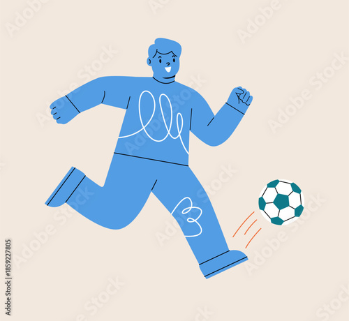 Happy boy kicking soccer ball. Colorful vector illustration