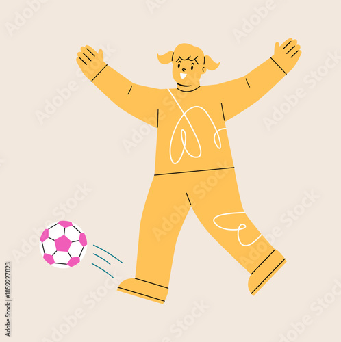 Happy girl kicking soccer ball. Colorful vector illustration