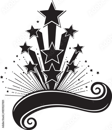 Upward star burst design element with swirling banner vintage style celebratory explosion graphic template for various events