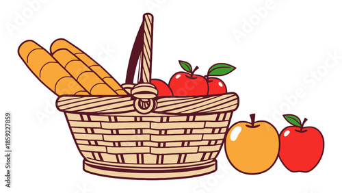 A picnic basket filled with apples and bread is ready for an outdoor meal.