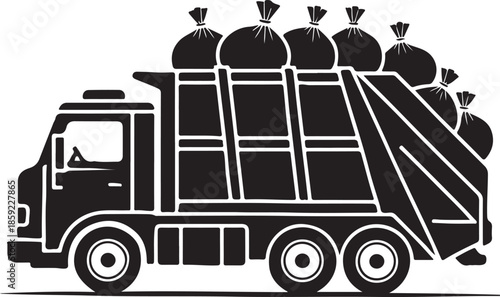 A black silhouette of a garbage truck overflowing with trash bags