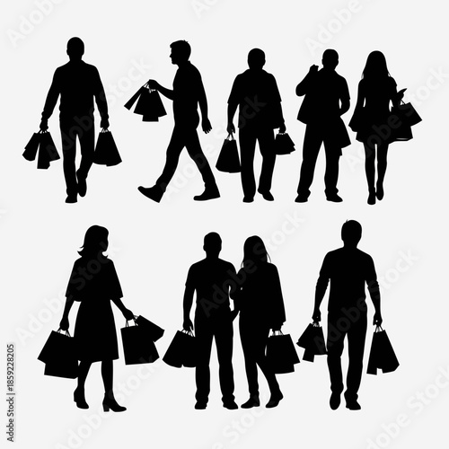 Collection of diverse people silhouettes holding shopping bags in various poses against a white background representing consumerism and retail