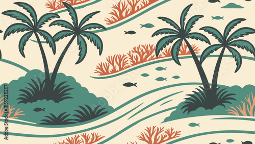 a vibrant and colorful tropical landscape featuring stylized palm trees gentle waves coral formations and small fish creates a serene island aesthetic high quality professional detailed