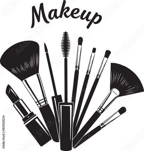 Makeup beauty product collection including brushes lipstick and mascara vector illustration for cosmetic advertising and salons