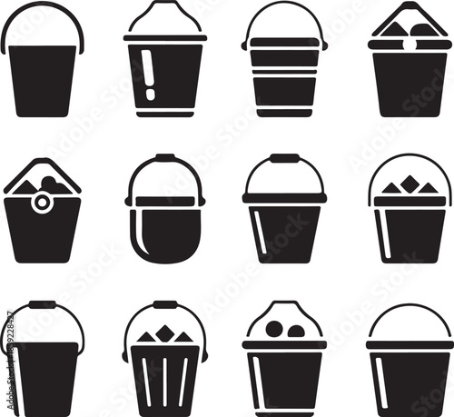 A collection of ice bucket silhouette icon set. simple design black color and white background.