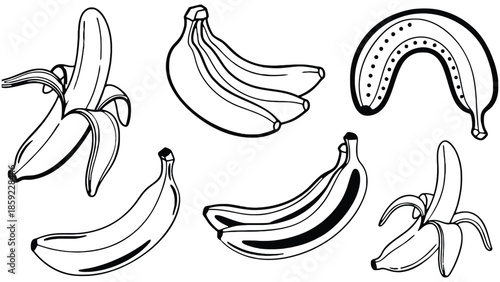A collection of banana illustrations in various stages of ripeness and peeling.